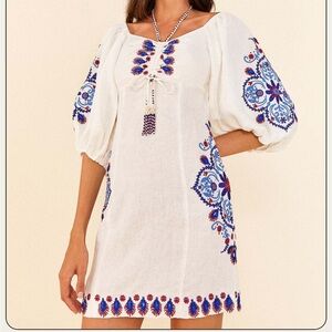Farm Rio Off-White Navy Embroidery Mini Dress size small